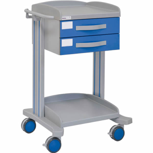 Carro hospitalario multifuncional, 2 cajones superiores, bandeja inferior, empujador, 65x56x94 cm.